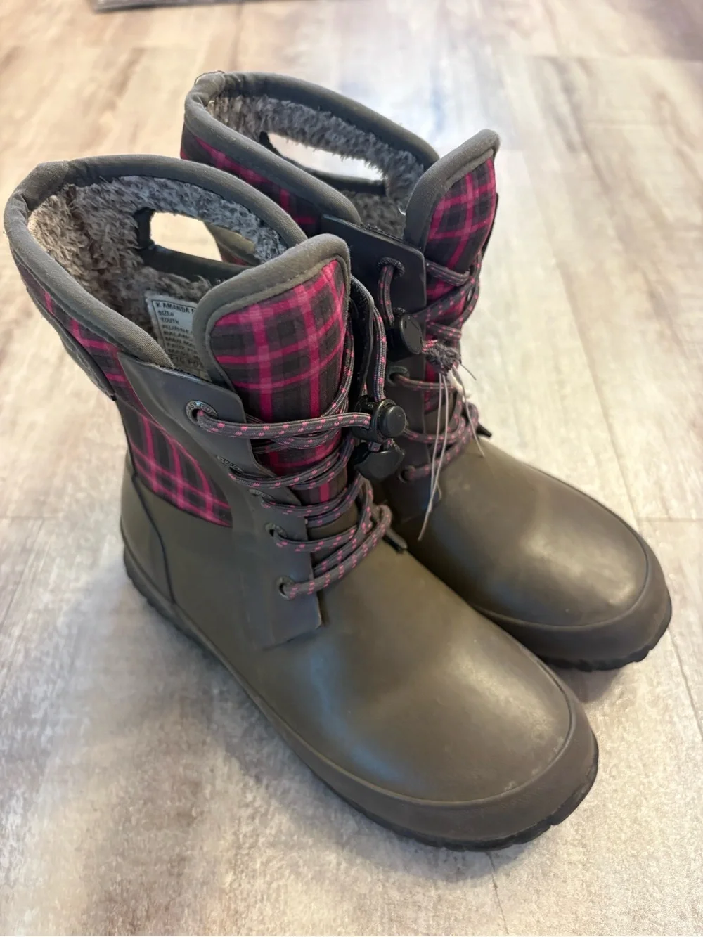 Bogs Gray Pink Amanda Plaid Boots 1
